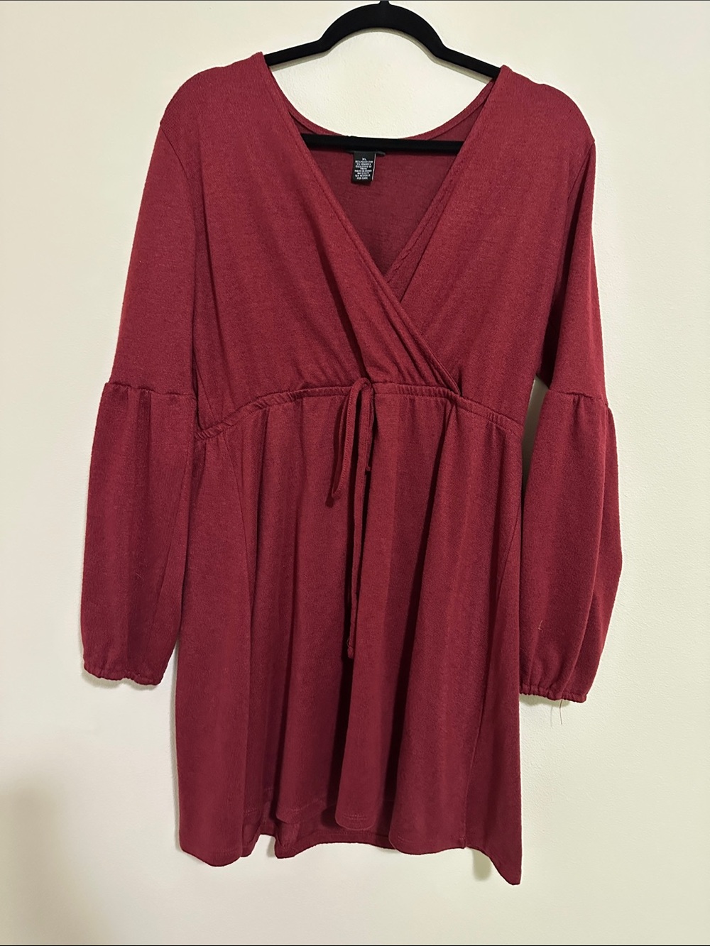 ♻️ Justify Wrap Tie Long Sleeve Dress in Burgundy
